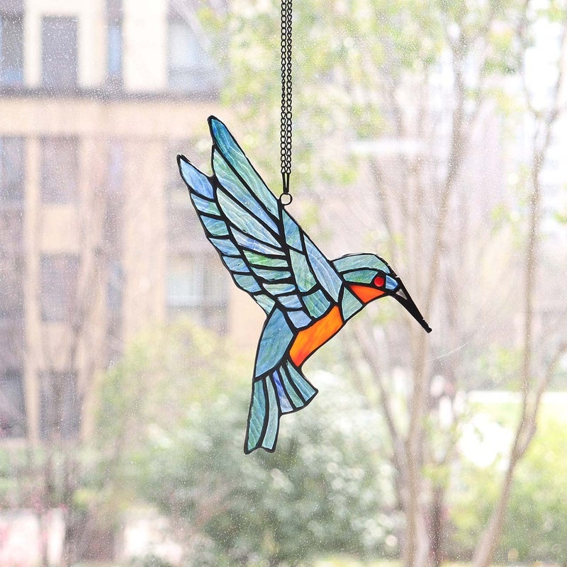 Bieye W10049 Hummingbird Tiffany Style Stained Glass Window Hangings Suncatcher with Chain and Suction Cup Hook (7" W x 8" H) - Image 2